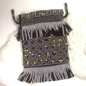 Vintage 60s Candy Dot Reticule Purse Bag Black Fringe Multi-color